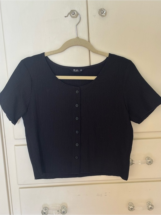 Tops - Black Button-Front Short Sleeve Top - Women's Basics
